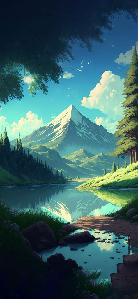 Aesthetic Forest Lake & Mountain Anime Background Wallpapers