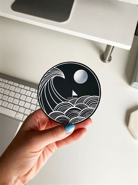 Black and White Waves Round Sticker, Waterproof Sticker, Handmade Sticker, Beach Sticker, Ocean ...