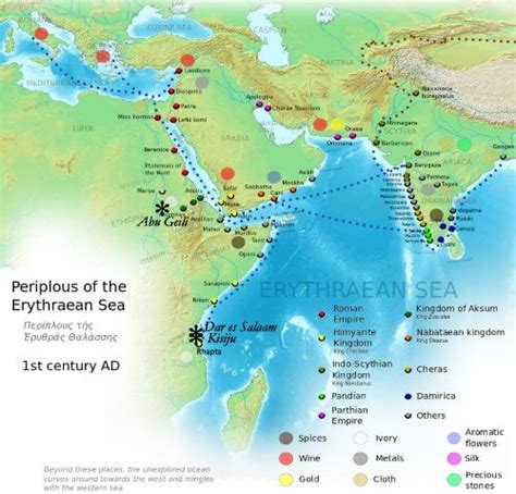 Map of the Roman-era Periplus of the Erythraean Sea with the three locations producing Anglo ...