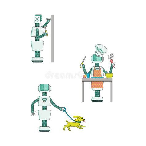 Robot Housekeeper Walks Dog - Cartoon Character Isolated On White ...