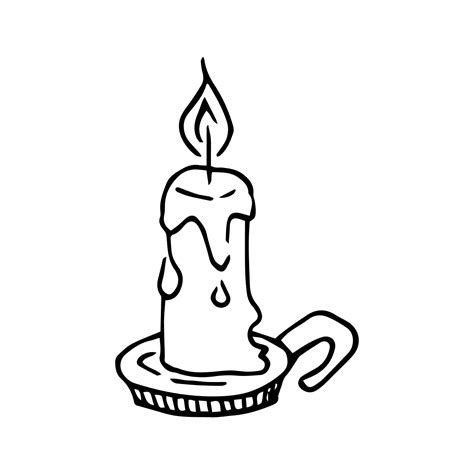 Hand drawn doodle candle with fire. Black and white vector clipart. Outline. Wax flowing down ...