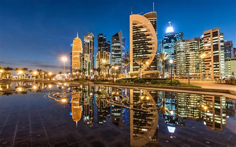 Wallpaper Doha, Qatar, Sheraton Park, skyscrapers, city, nights, lights, water reflection ...