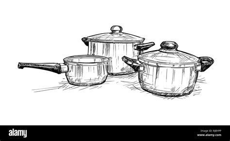 Hand Drawing of Set of Cooking Pots Stock Photo - Alamy