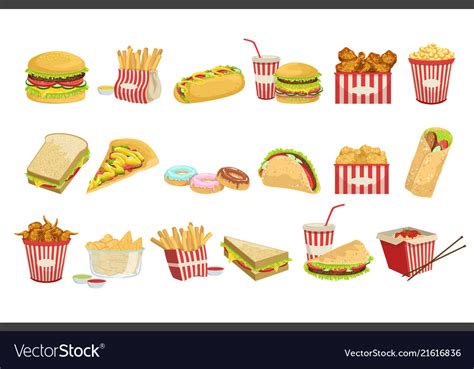 Fast food menu items realistic detailed Royalty Free Vector