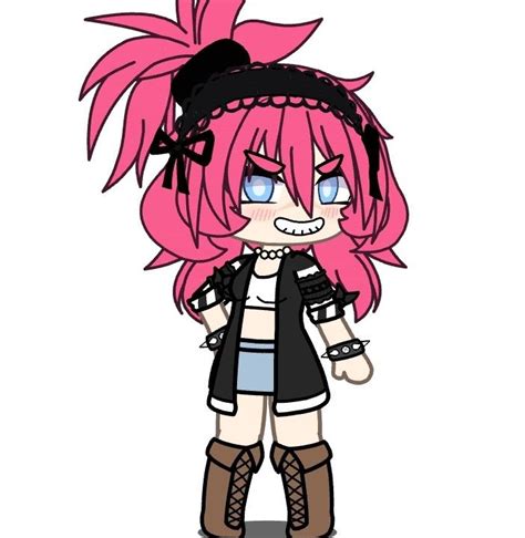 an anime character with pink hair and blue eyes, wearing black boots ...