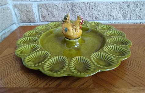 California Pottery Deviled Egg Plate with Chicken Centerpiece Handle - Vintage 1970's Green ...