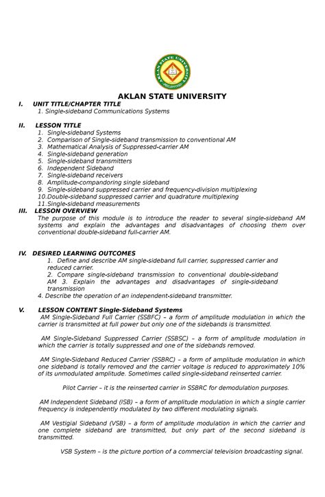 Single-sideband Communications Systems - AKLAN STATE UNIVERSITY I. UNIT TITLE/CHAPTER TITLE ...