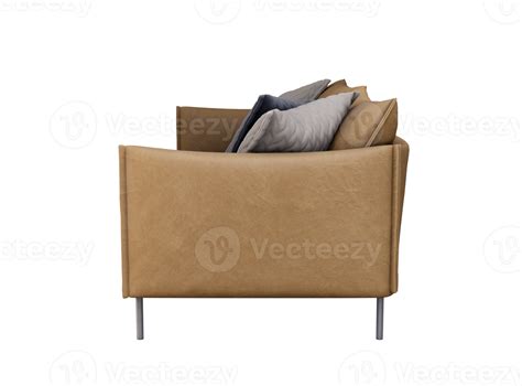 Vue de côté de meubles 3d canapé double en cuir marron isolé sur fond blanc, design de ...