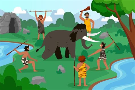 Premium Vector | Stone Age People hunting mammoth Primitive man and animal Paleolithic hunters ...