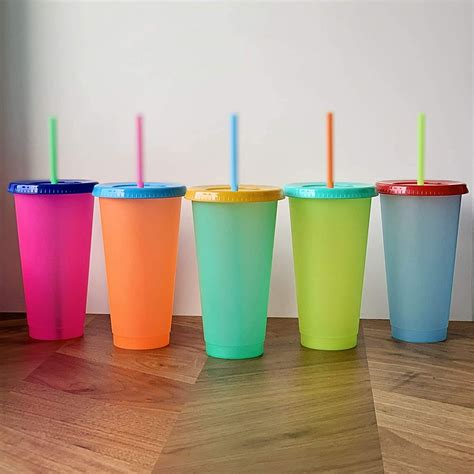 Color Changing Cups, 24oz Cold Cups - 5 Reusable Cups, Lids and Straws - Ecofriendly coffee ...