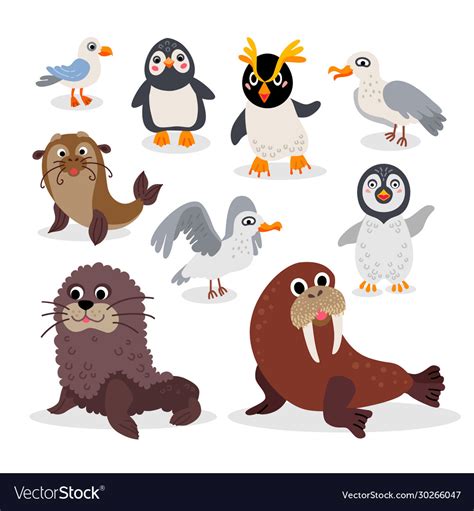 Wild south pole animals flat style set Royalty Free Vector