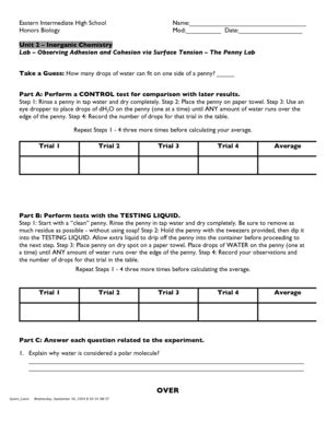 Fillable Online Lab - Observing Adhesion and Cohesion - Penny Lab Fax Email Print - pdfFiller