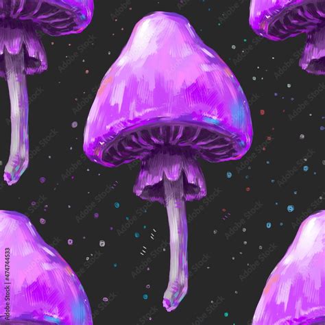 Digital painted texture with magic mushrooms. Modern digital illustration. Seamless pattern with ...