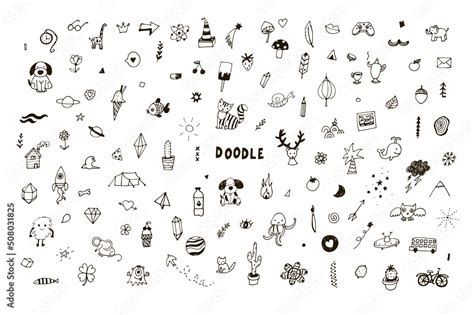 Grafika wektorowa Stock: Funny doodles: animals, plants, camping ...