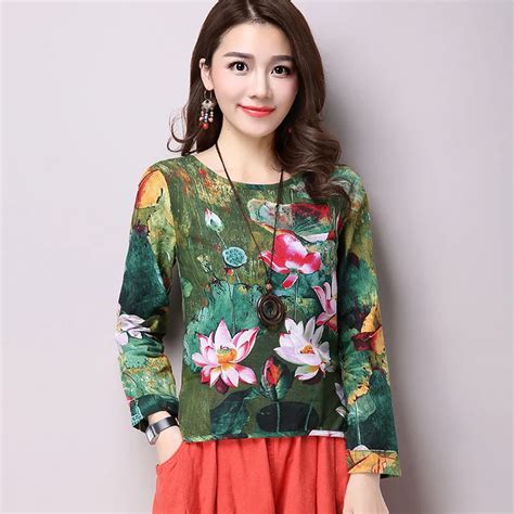 Vintage Ethnic Lotus Printing Cotton Linen Shirts Women's Flax Tops Long Sleeve Flower Floral ...