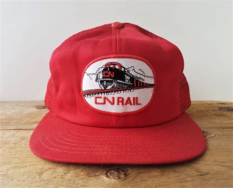 CN RAIL Original Vintage 80s Trucker Hat Canadian National Railway Train Patch Red Mesh Snapback ...