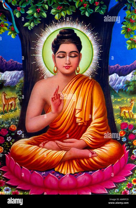 Buddha Under Bodhi Tree Sitting On A Lotus Flower Indian Painting Stock Photo - Alamy