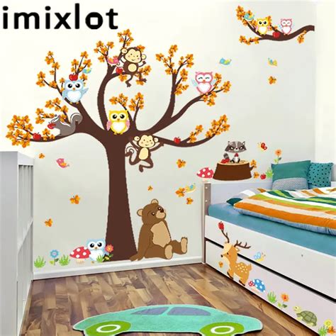 Imixlot Cartoon Forest Animal Big Tree Wall Sticker for Kids Bedroom Decor Kid Toy Room Green ...