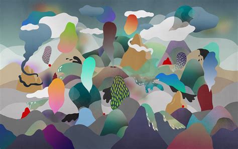 an abstract painting of birds flying in the sky over mountains and ...