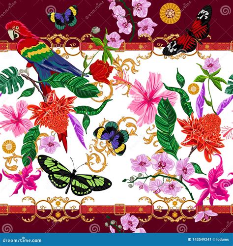 Tropical Seamless Pattern with Flowers, Butterflies, Parrot and Baroque Belts. Vector Floral ...