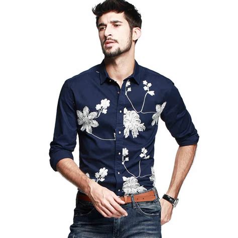 2014 New Mens Fashion Embroidered Shirts Men Personalized Floral Casual Long Sleeve Shirt 100% ...