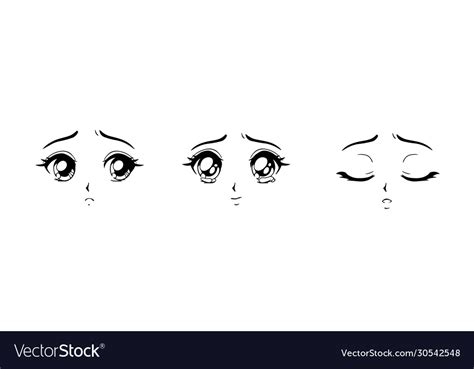 Set anime sad faces hand drawn cartoon Royalty Free Vector