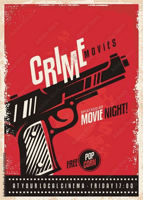 Crime movies poster design template with gun on red background. Pistol graphic on cinema poster ...