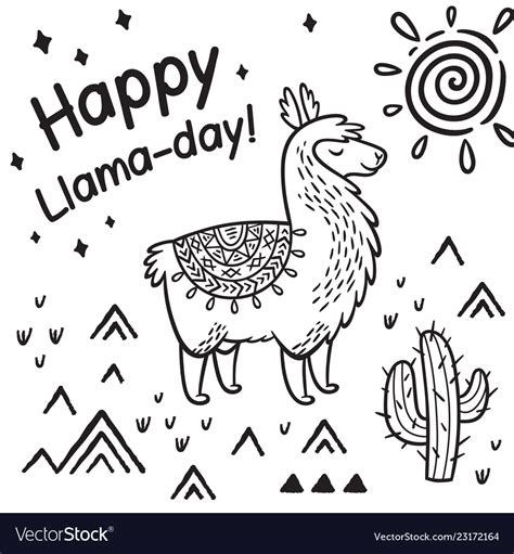 Happy llama day ink cartoon llama print Royalty Free Vector