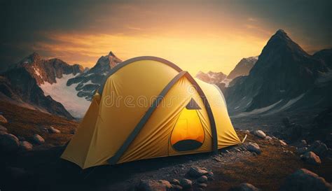 Camping Yellow Tent on the Mountain during Sunrise at Dolomites Alps, South Tyrol, Italy, Europe ...