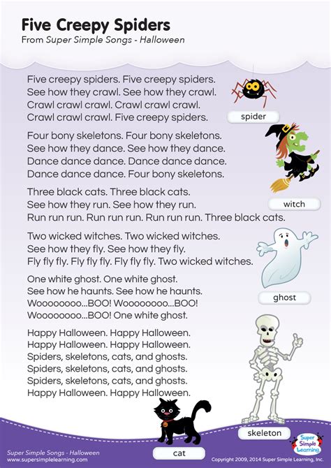 Five Creepy Spiders Lyrics Poster - Super Simple | Fun songs for kids ...