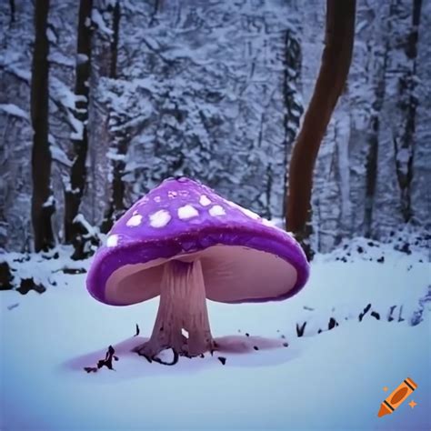 Winter forest with giant purple mushrooms