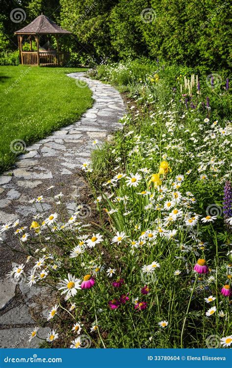 Wildflower Garden and Path To Gazebo Stock Photo - Image of flagstone, gardening: 33780604