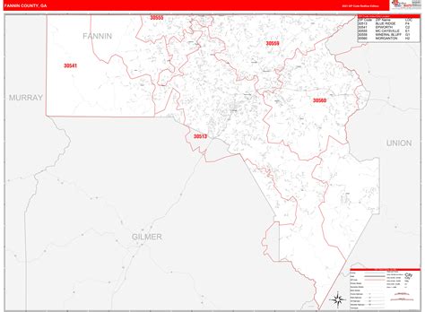 Fannin County, GA Zip Code Wall Map Red Line Style by MarketMAPS - MapSales