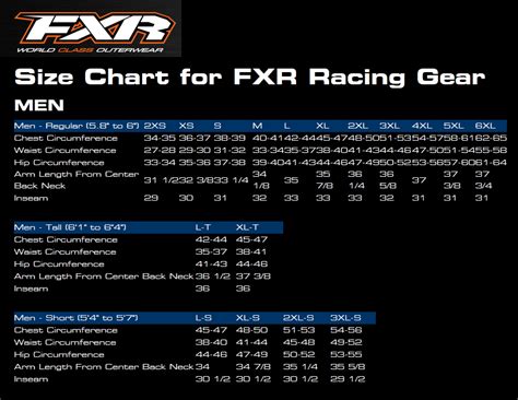 FXR - Men's Clothing Sizing Chart