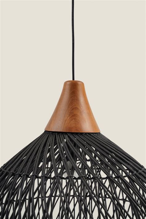 Black rattan and teak wood lamp (Large) – Bali Harbor