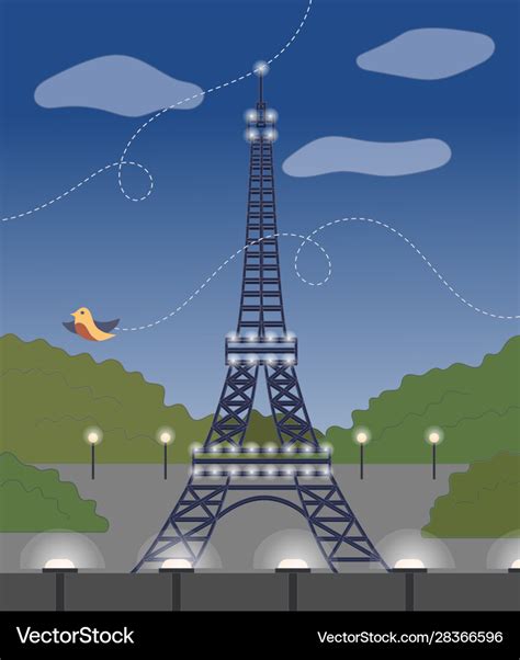 Evening view eiffel tower front Royalty Free Vector Image