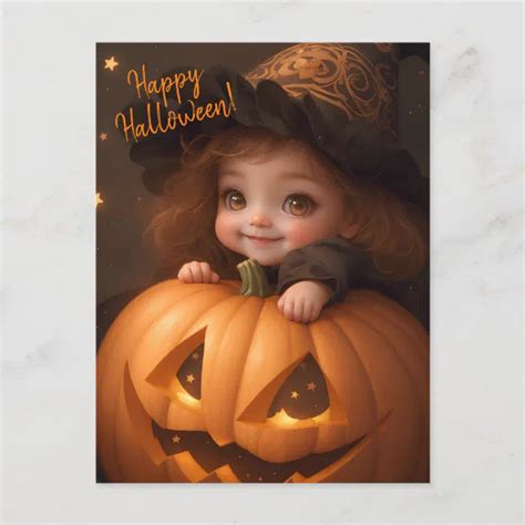 Happy Halloween ! Cute Baby Witch with Pumpkin Holiday Postcard | Zazzle