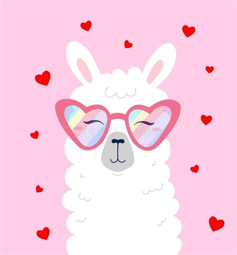 Happy Llama Head Wearing Rainbow Sunglasses with Hearts in Cartoon Flat ...