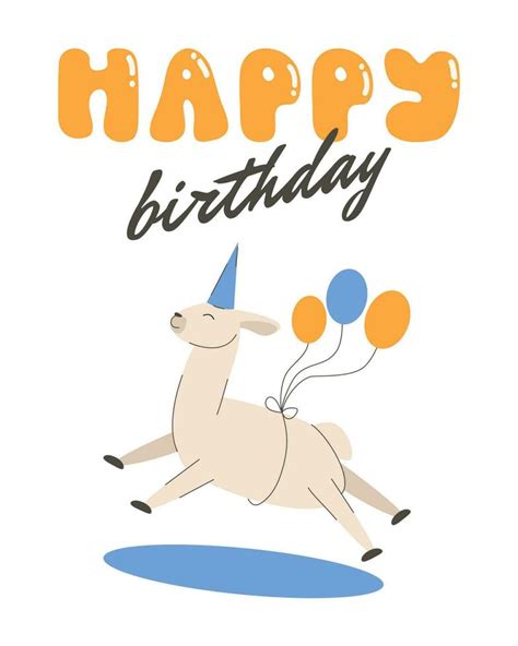 Happy birthday card with funny flying lama, alpaca. Llama with baloons ...