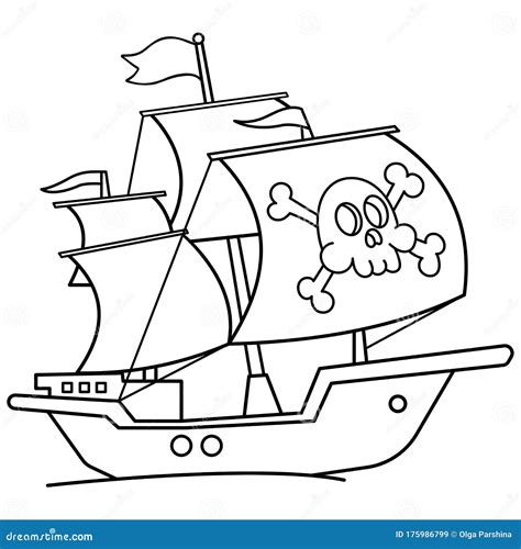 Coloring Page Outline of Cartoon Pirate Ship. Sailboat with Black Sails ...