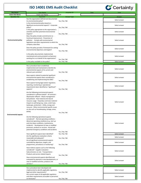 ISO 14001 Internal Audit Checklist | Certainty Software