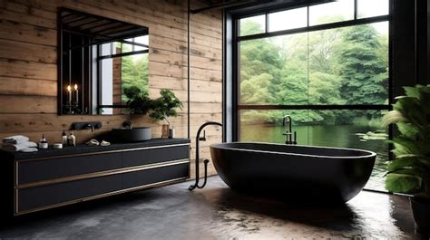 Premium AI Image | A black bathtub in a modern bathroom with a view of ...