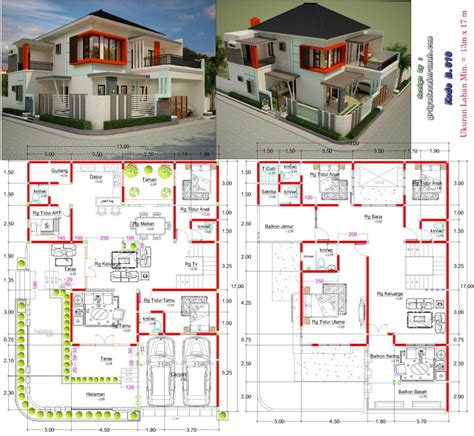 Rumah Mewah 2 Lantai Hook Ukuran 13 x 17 Meter Minimalis