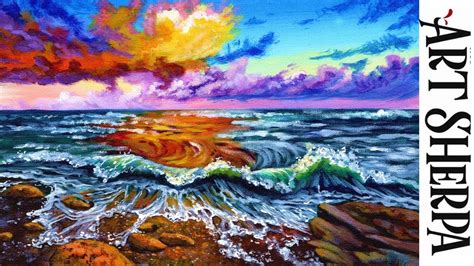 OCEAN SUNSET WAVES Beginners Learn to paint Acrylic Tutorial Step by ...