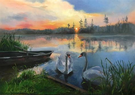 White Swans at a lake, Original oil painting, Realistic Landscape ...