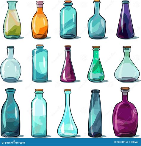 Set of Glass Bottles of Various Shapes and Colors Isolated on White ...