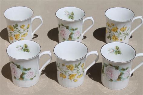 English tea mugs, vintage Royal Minster fine bone china flowered coffee cups set of 6