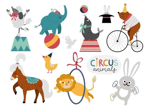 Vector set with circus animals. Amusement holiday icons pack. Cute funny festival characters ...