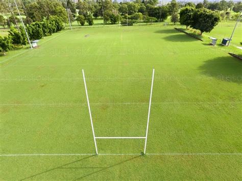 Image of Aerial view of NRL footy field and goal posts. - Austockphoto