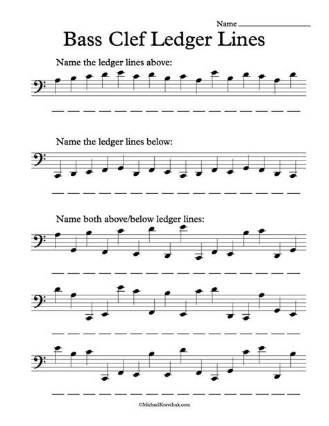 Bass Clef Ledger Lines Only – Note Recognition Worksheet – Michael Kravchuk